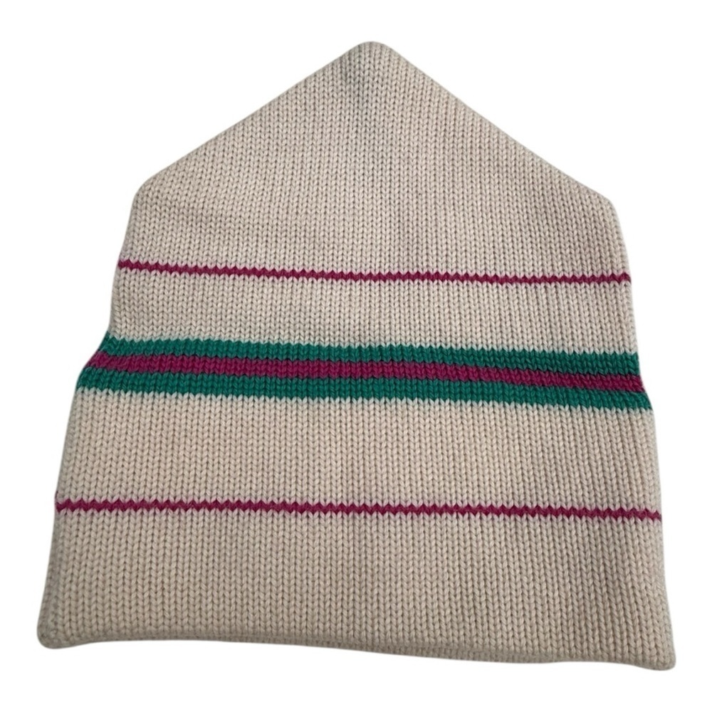 Gordini Vintage 100% Wool Knit Beanie Hat Cream Stripe Retro Ski Winter Cap
